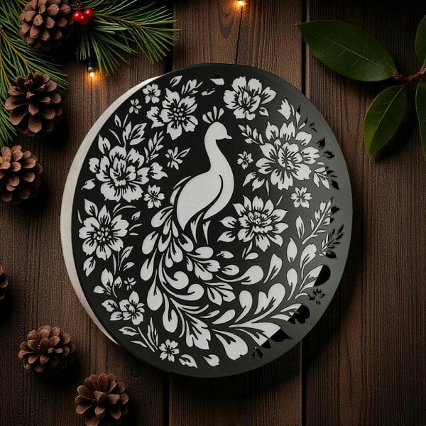 EDH Door Hardware Round Solar Wall Panel with Peacock Outdoor Metal Wall Art with LED Light Weatherproof Garden & Patio Décor | Circular Peacock Panel