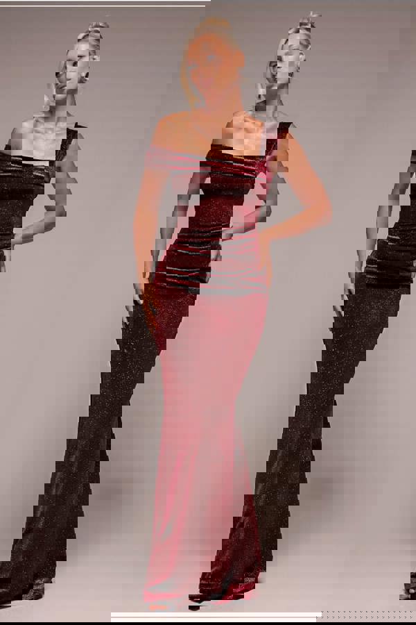 Glitter Polka Dot Velvet One Shoulder Maxi Dress - Wine DR4646