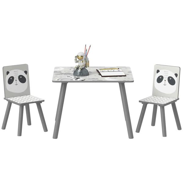 Grey kids table and 2 chairs set with panda face backrests