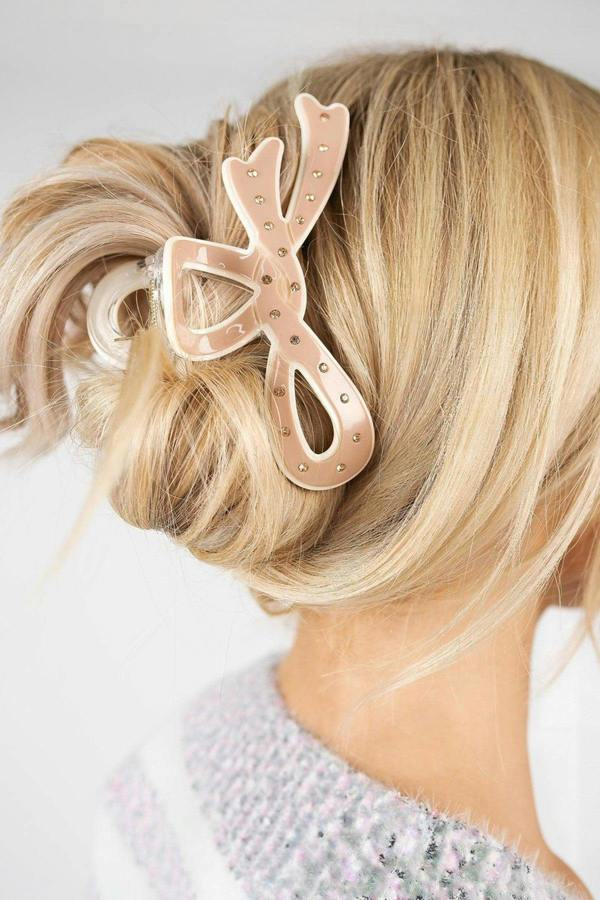 Delya Glossy Hair Claw Clip With Diamanté Stud Detail - Mocha