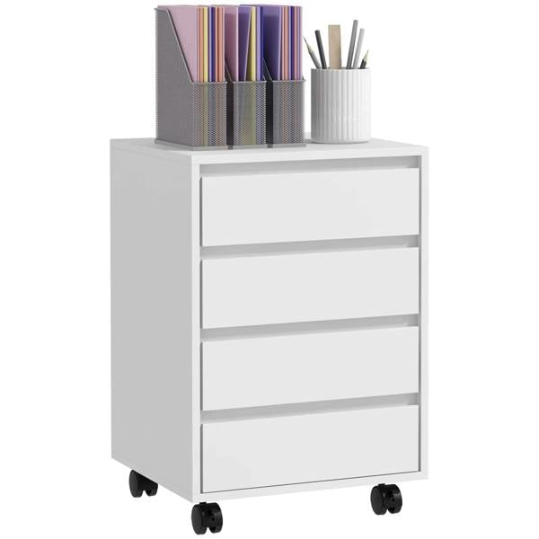 White four-drawer filing cabinet on caster wheels, with open top organizer tray