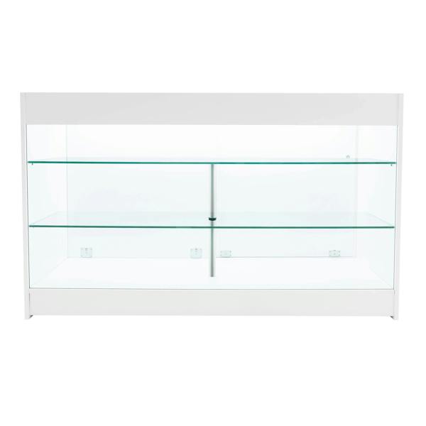 White Aries LED shop counter set featuring a sleek design, glass shelves, and modern lighting for an elegant display