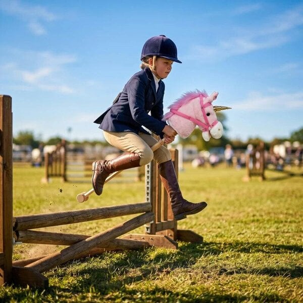 Bobobiy Hobby Horse with Wood Wheels, Stick Horse with Grip Handle, Sound, Plush Hobby Horse Toy for Imaginative Play, Pink