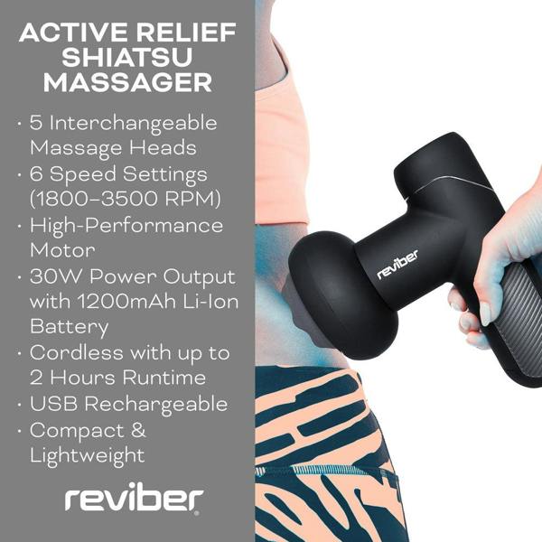 A person uses the black Reviber Active Relief Shiatsu Massager for deep tissue relief. Features shown: 5 massage heads, 6 speeds, high-performance motor, 30W power, cordless, USB rechargeable, compact, and lightweight by Reviber.