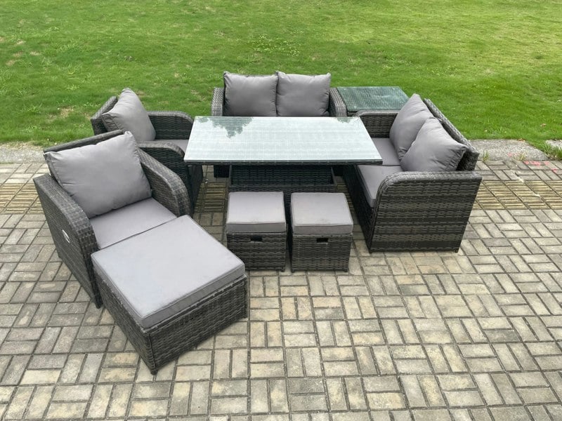 Fimous PE Rattan Garden Furniture Set Height Adjustable Rising lifting Dining Table Chair Love Sofa With Side Table 3 Footstools