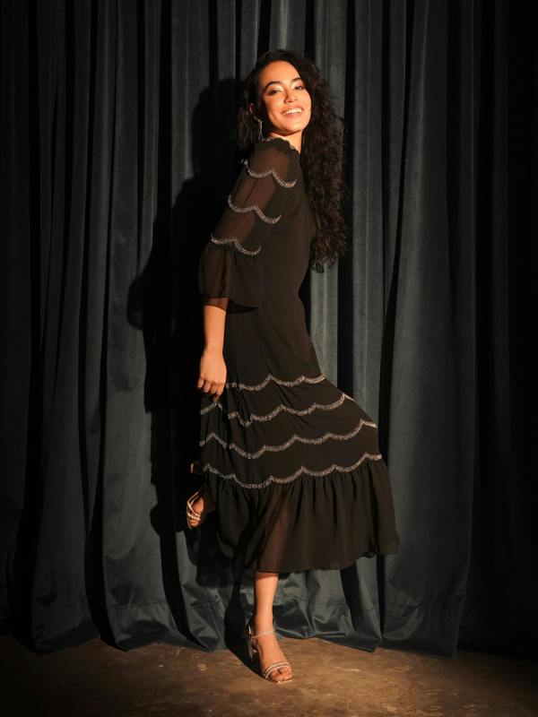 Rose & Nancy Georgina Black and Silver Scallop Bead Midi Dress