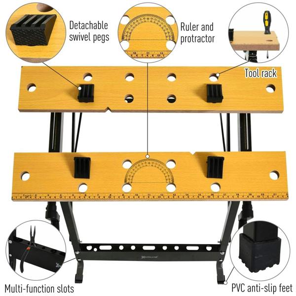 Adjustable clamping peg board with built-in ruler and protractor on light wood surface