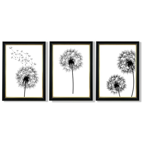 Artze Wall Art DANDELIONS Set of 3 Framed Sketch Wall Art Prints