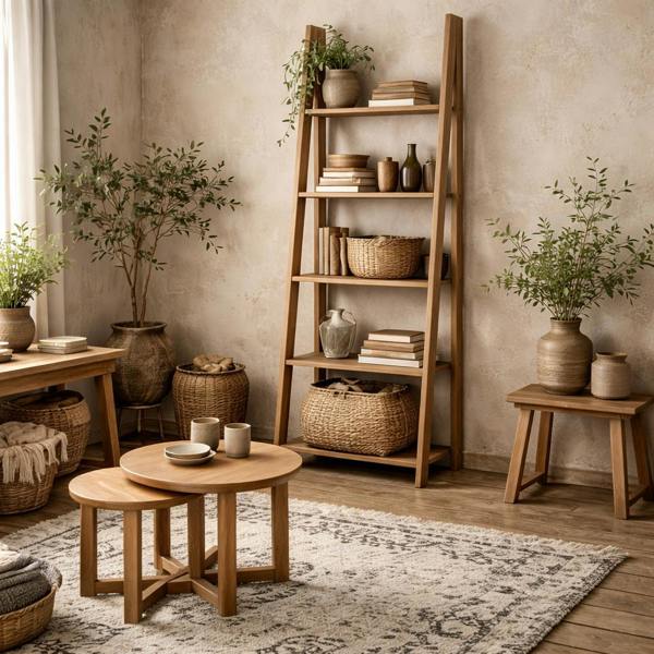 Wyld Haus Athy Brown Oak Wooden Ladder Bookcase 5 Shelves