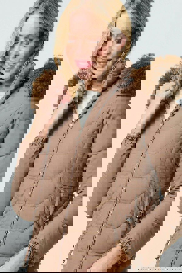 Brown | Faux Fur Hooded Zip-Up Puffer Jacket
