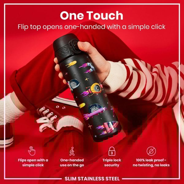 A black, space-themed water bottle is held; its flip top opens one-handed. The bottle is situated on a red background. "One Touch. Flip top opens one-handed with a simple click. Flips open with a simple click. One-handed use on the go. Triple lock security. 100% leak proof - no twisting, no leaks. SLIM STAINLESS STEEL"
