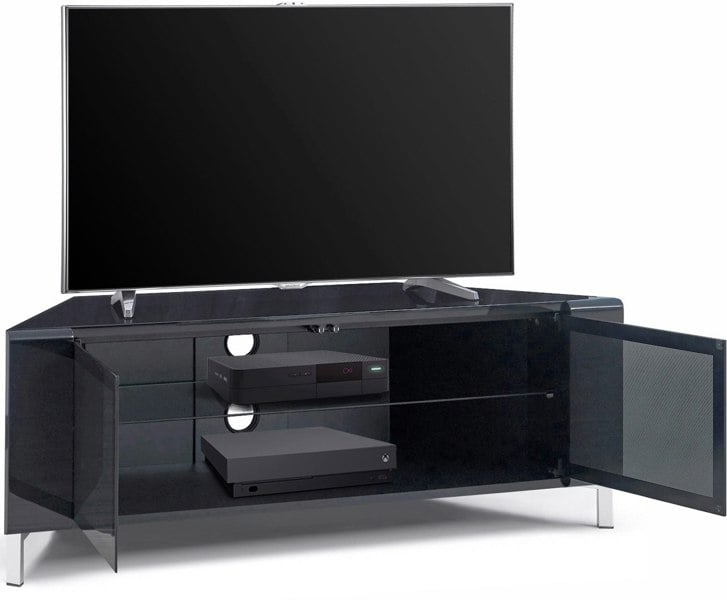 MDA Designs CORVUS Corner-Friendly Gloss Black Contemporary Cabinet with BeamThru Glass Doors Modern Space-Saving Stand for Flat Screen TVs up to 50"