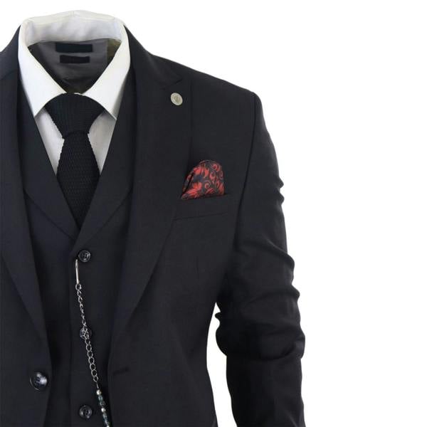 TruClothing Men's Classic 3-Piece Plain Black Suit