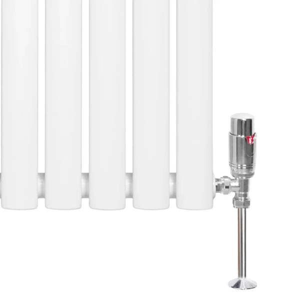 White oval single column radiator with polished chrome valve, showcasing smooth lines and modern design for efficient heating