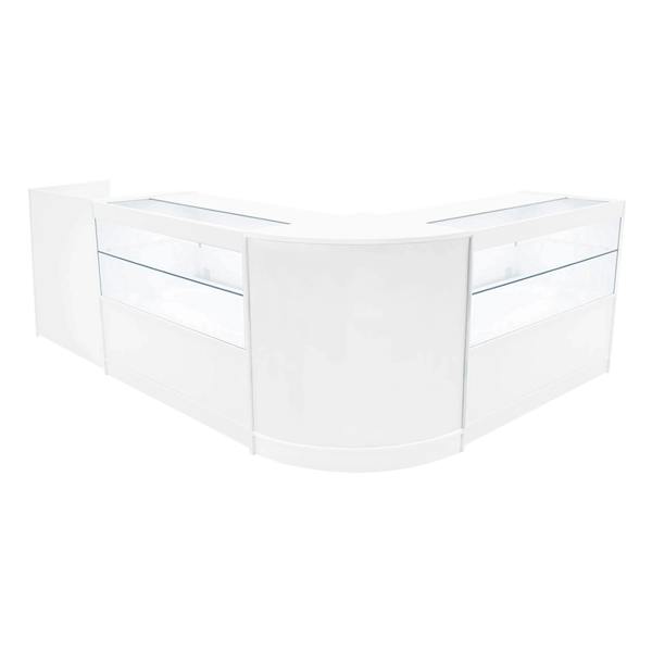 White Phoenix LED Shop Counter Set featuring a sleek, modern design with glass display sections and smooth surfaces, ideal for retail spaces