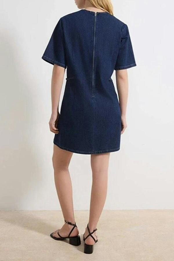 WOVCOR Draped 100% Cotton Denim Mini Dress with Accessory Details