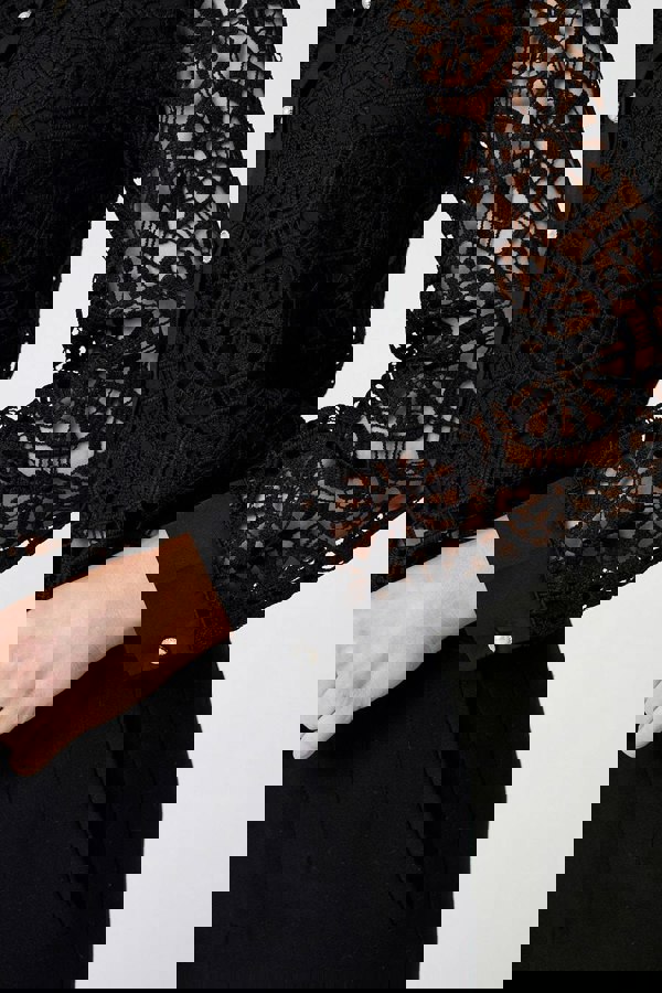 Black | Lace Layer Sheer Sleeve Cropped Shirt
