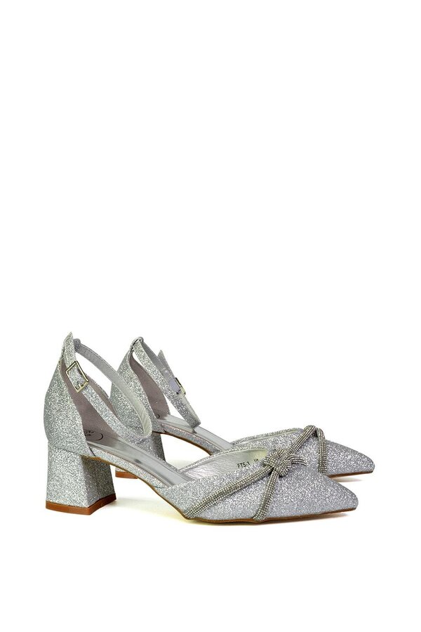 XY LONDON Ankle Strap Pointed Toe Diamante Mid Block Heels