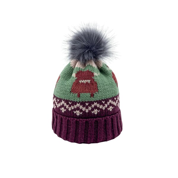 Aran Traditions Aran Knitted Pom Pom Cow Beanie - Dark Cherry