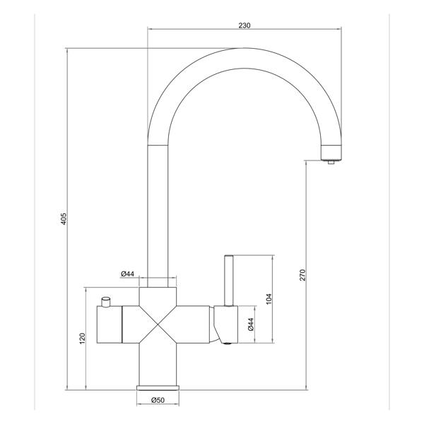 Technical drawing of a boiling water tap with dimensions