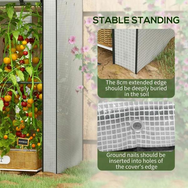 Mini greenhouse base with extended edge and cover anchor eyelets, white mesh panels