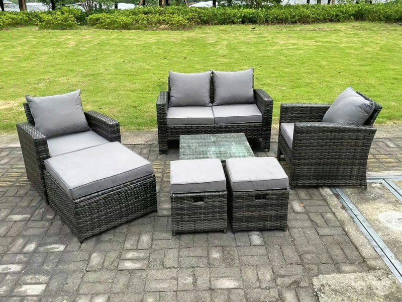 Fimous 7 Seater Dark Grey Mixed High Back Rattan Sofa Set Square Coffee Table Garden Furniture Outdoor 3 Stools