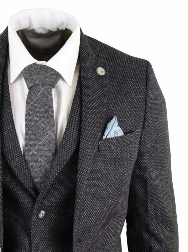 TruClothing Men's 3 Piece Black Herringbone Tweed Suit