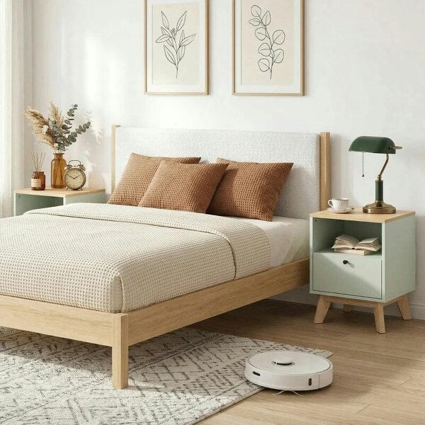 Modern Nightstand Set of 2, Bedside Table with Drawer and Open Shelf, Side End Table for Bedroom, Light Green