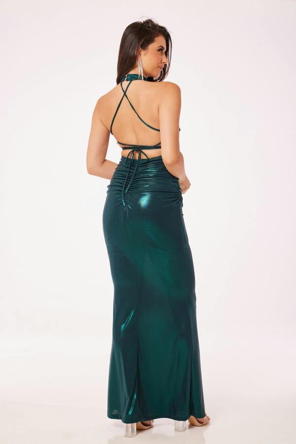 LuvForever Metallic Jade Green Halterneck Maxi Dress
