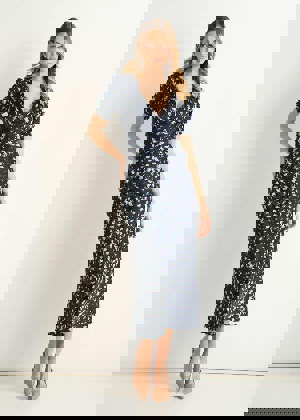 Gini London Navy Floral Lace Trim V Neck Midi Dress