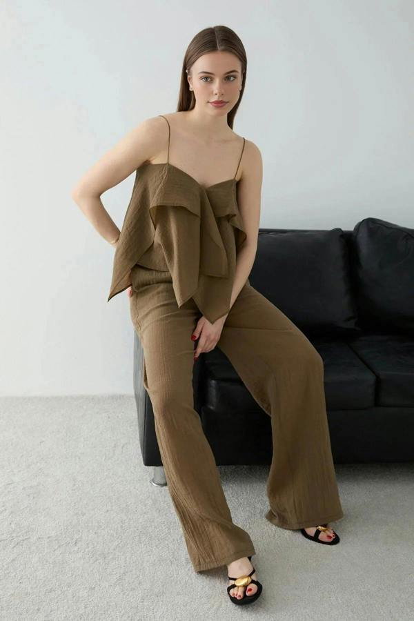 WOVCOR 2-Piece Thin Strapped Ruffled Woven Blouse and Pants Set