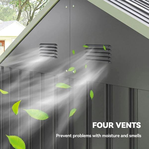 Grey metal shed with four roof vents for airflow and moisture control.