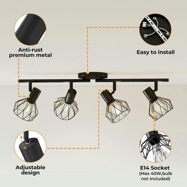 EMITTO 3-4 Way Spotlight Ceiling Light Adjustable Kitchen Spot Light E14 Fixture