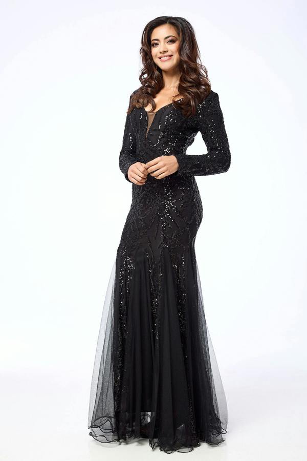 LuvForever Elea - Black Long Sleeve Sequin Maxi Dress