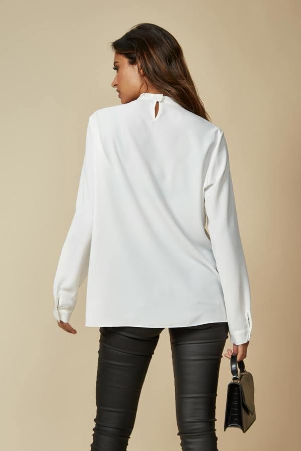 Hoxton Gal Oversized High Neck Top with Brooch Details in White