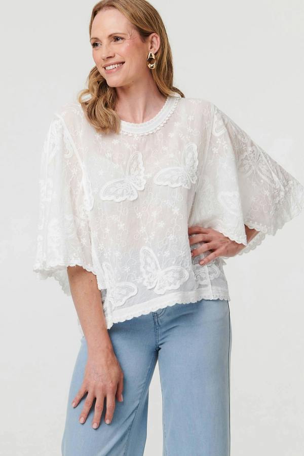 White | Butterfly Textured Lace Trim Blouse