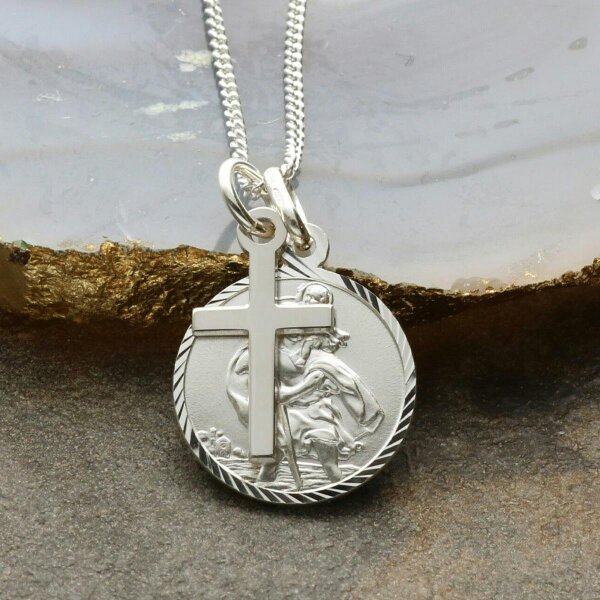 Christopher James of London Sterling Silver Diamond Cut 16mm St Christopher & Cross Pendants With Optional Engraving and Chain