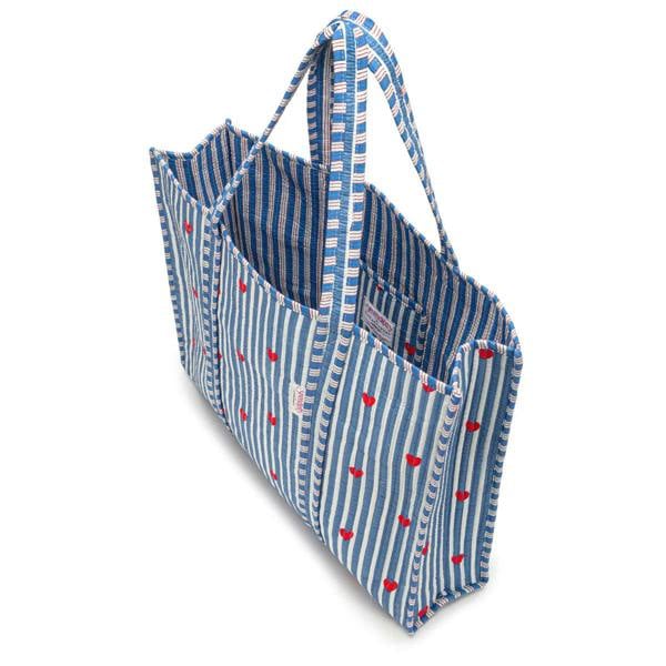 Elie Beaumont Serendipity Cotton Quilted Tote - Blue Stripe Red Heart