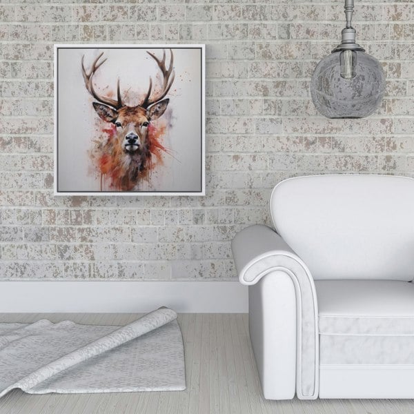 Warren Reed Watercolour Splash Art Stag Face Framed Canvas