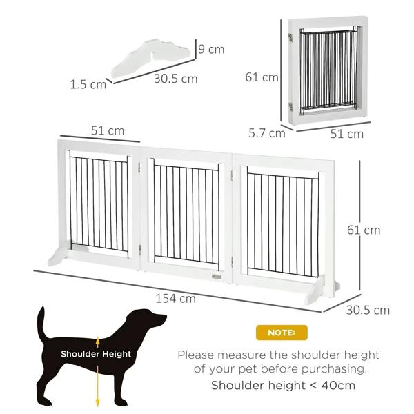 White three-panel pet gate with black bars and support feet shown with dimensions