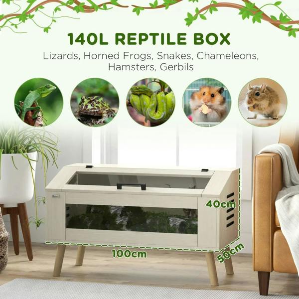 Oak 140L reptile box with tempered glass front window, top handle, and air vents