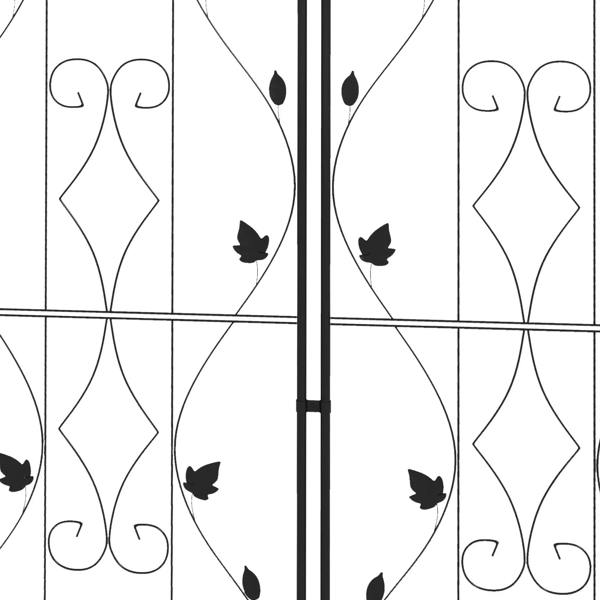 Black metal trellis panel close-up with leaf silhouettes and decorative scrollwork
