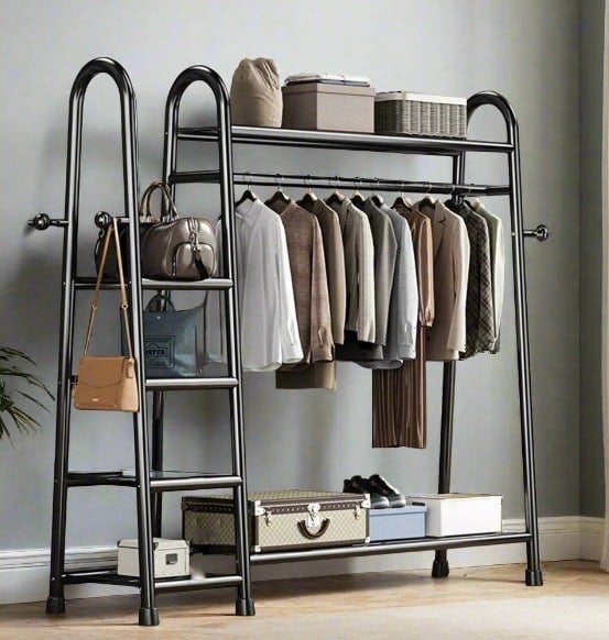 Heavy duty double clothes rail rack with metal frame and storage shelves

