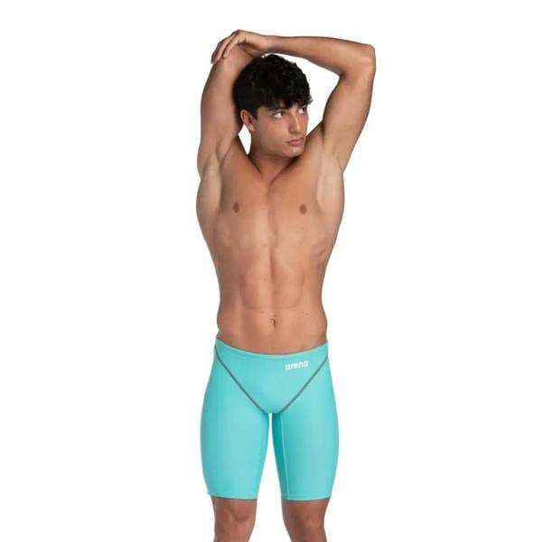 Arena Powerskin ST NEXT Jammer in aquamarine blue with teal recycled compression shorts