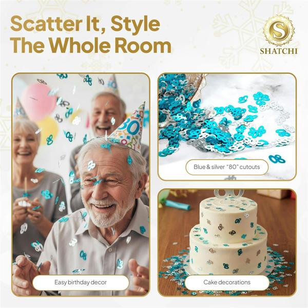 80th Birthday Blue and Silver Confetti Pack, Metallic Foil Table Decoration for Party Displays image 7