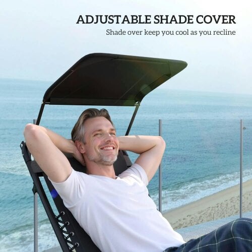 Bobobiy Zero Gravity Lounger Chair Set of 2, Folding Reclining Patio Chair with Shade Cover, Soft Cushion and Headrest for Poolside, Black