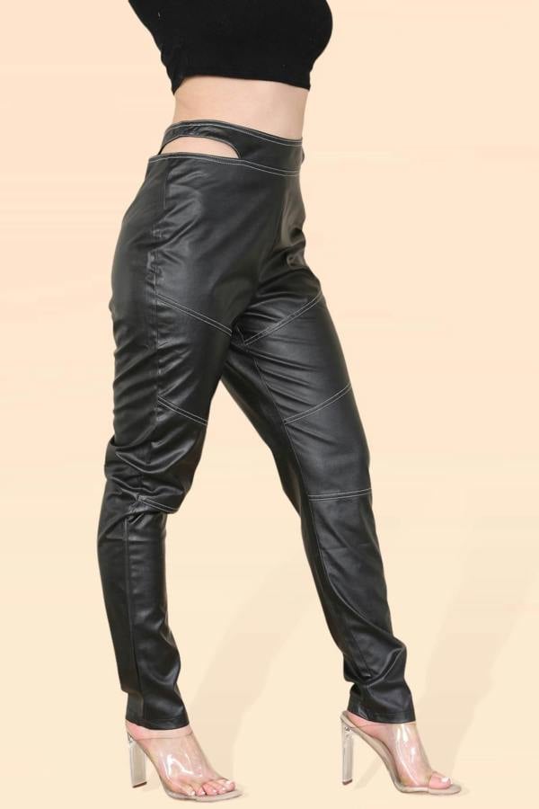 Women's Cut Out High Waist PU Biker Trousers - Sexy Leather Look Rider Pants with Elastic Waist, Modern Classic Vintage Streetwear - Elaina Fashion