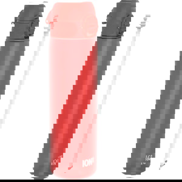 A red water bottle sits beside its detached straw against a white background. The bottle has a flip-top lid and the brand name "ION8" is printed on its side.