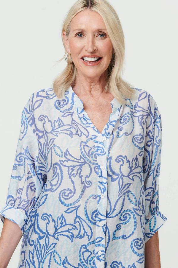 Blue | Printed Relaxed 3/4 Sleeve V-Neck Blouse