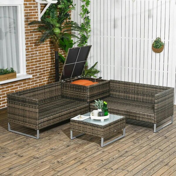 4 Piece Rattan Garden Furniture Set, Outdoor Corner Sofa Set with Storage Table, Loveseats, Cushions - Orange